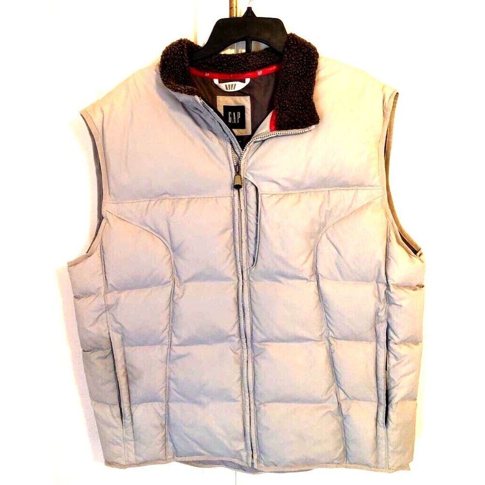 Gap Mens Puffer Vest Solid Gray Sherpa Collar Full Zip Front Insulated L